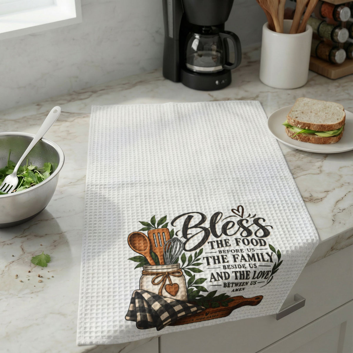 Kitchen Towel - "Bless the Food" Waffle Weave Dish Towel