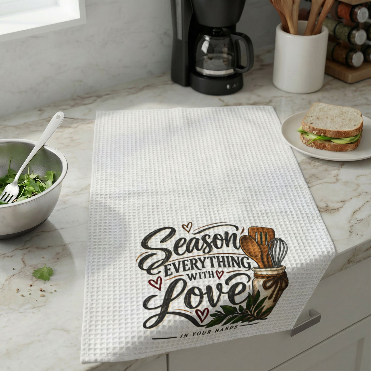 Waffle Weave Kitchen Hand Towel — “Season Everything With Love” Decorative Tea Towel