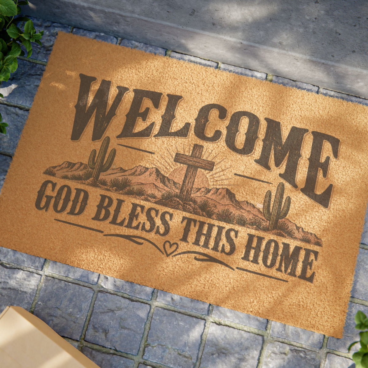 Welcome Doormat - "God Bless This Home" Rustic Cross & Cactus Outdoor Entrance Mat