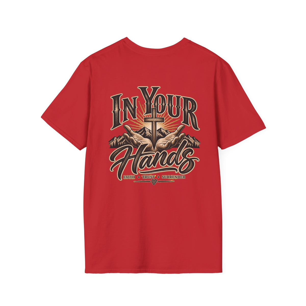 In Your Hands Cross T‑Shirt — Christian Faith Small Chest Logo