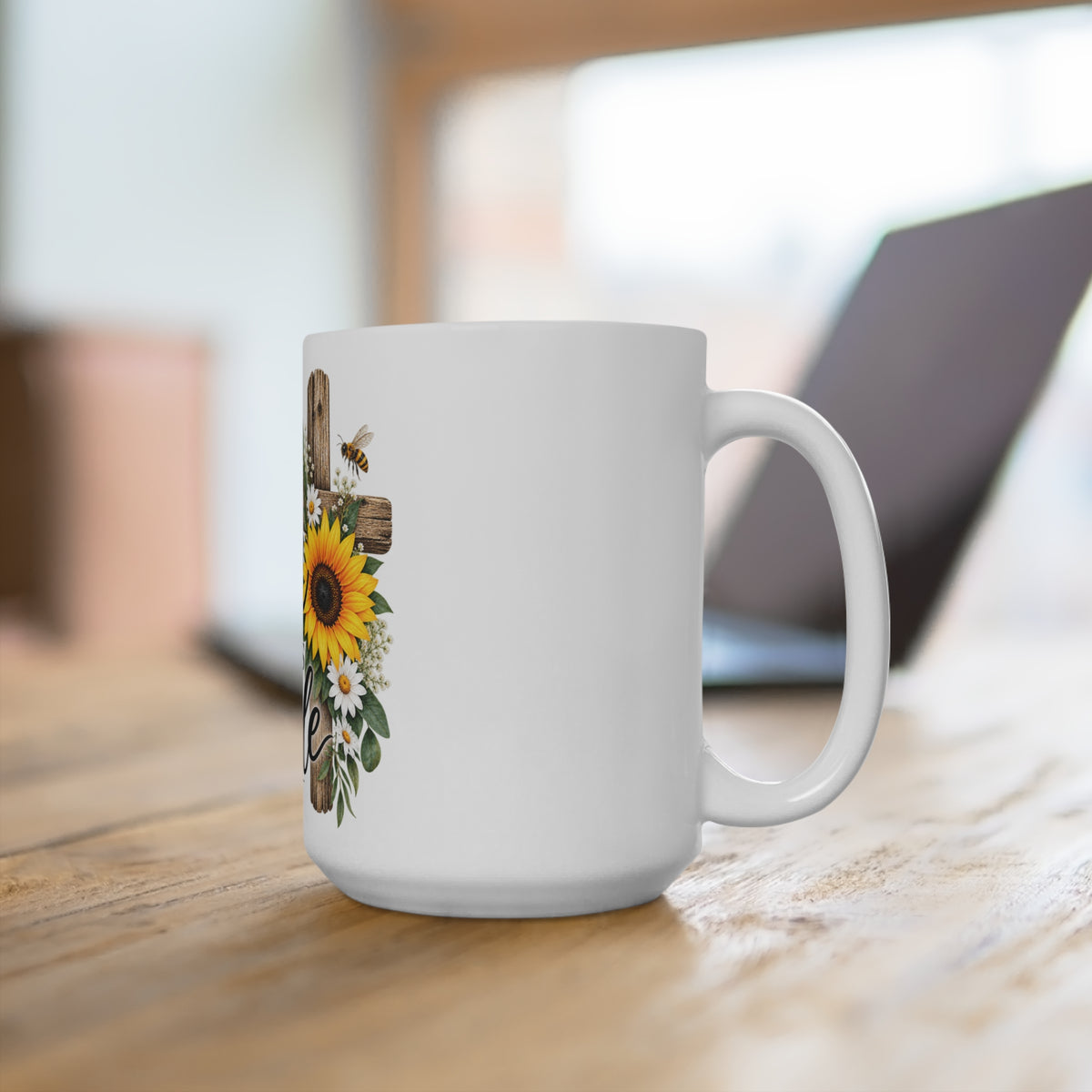 Faith Makes All Things Possible 15oz Mug — Sunflower Cross Christian Coffee Cup