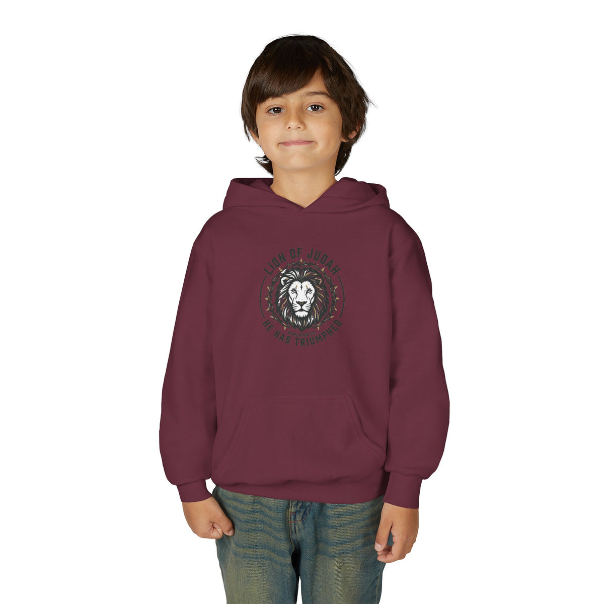 Youth Hoodie — "Lion of Judah, He Has Triumphed" Christian Lion Graphic