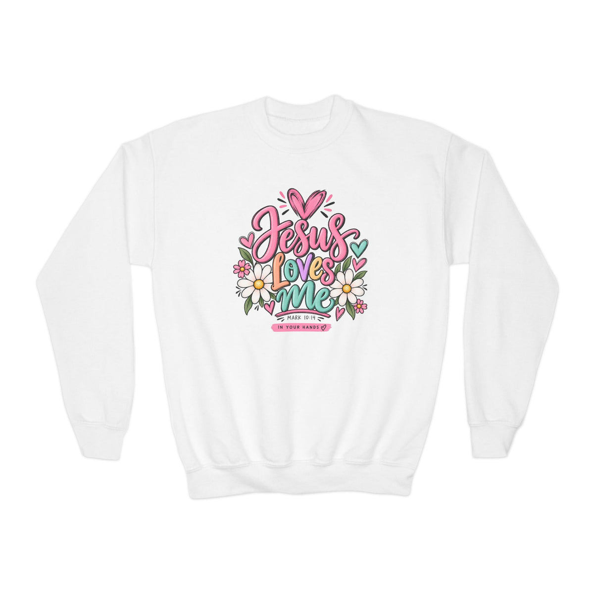 Youth Crewneck Sweatshirt - "Jesus Loves Me" Colorful Floral Christian Pullover