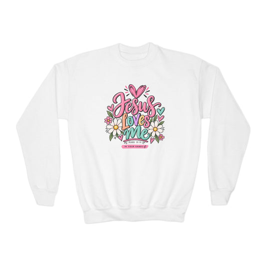 Youth Crewneck Sweatshirt - "Jesus Loves Me" Colorful Floral Christian Pullover