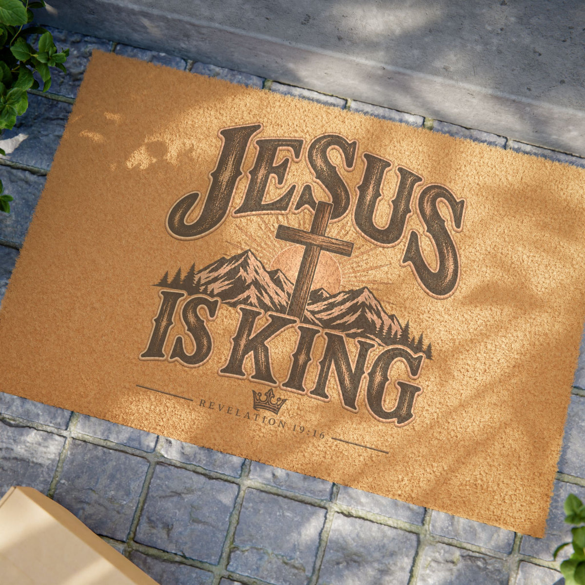 Jesus Is King Doormat — Rustic Christian Welcome Mat with Cross & Mountains