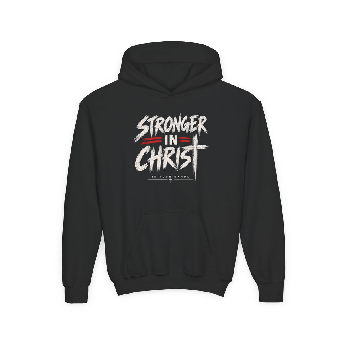 Youth Hoodie — "Stronger in Christ" Faith Graphic Hooded Sweatshirt