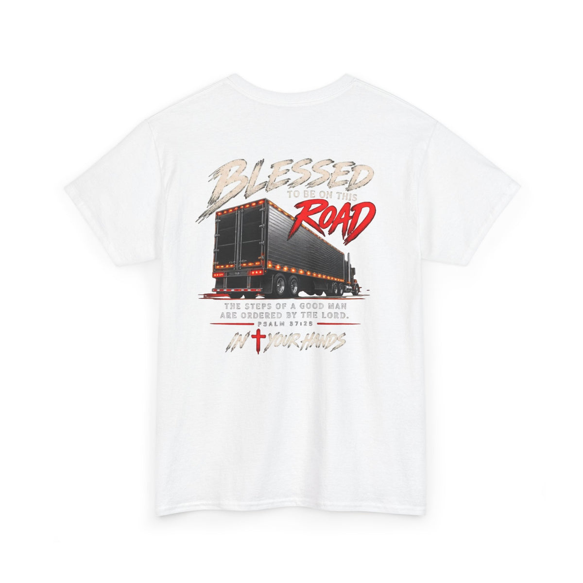 Blessed Road Trucker Tee — Christian Trucker Shirt with Cross & Psalm Graphic