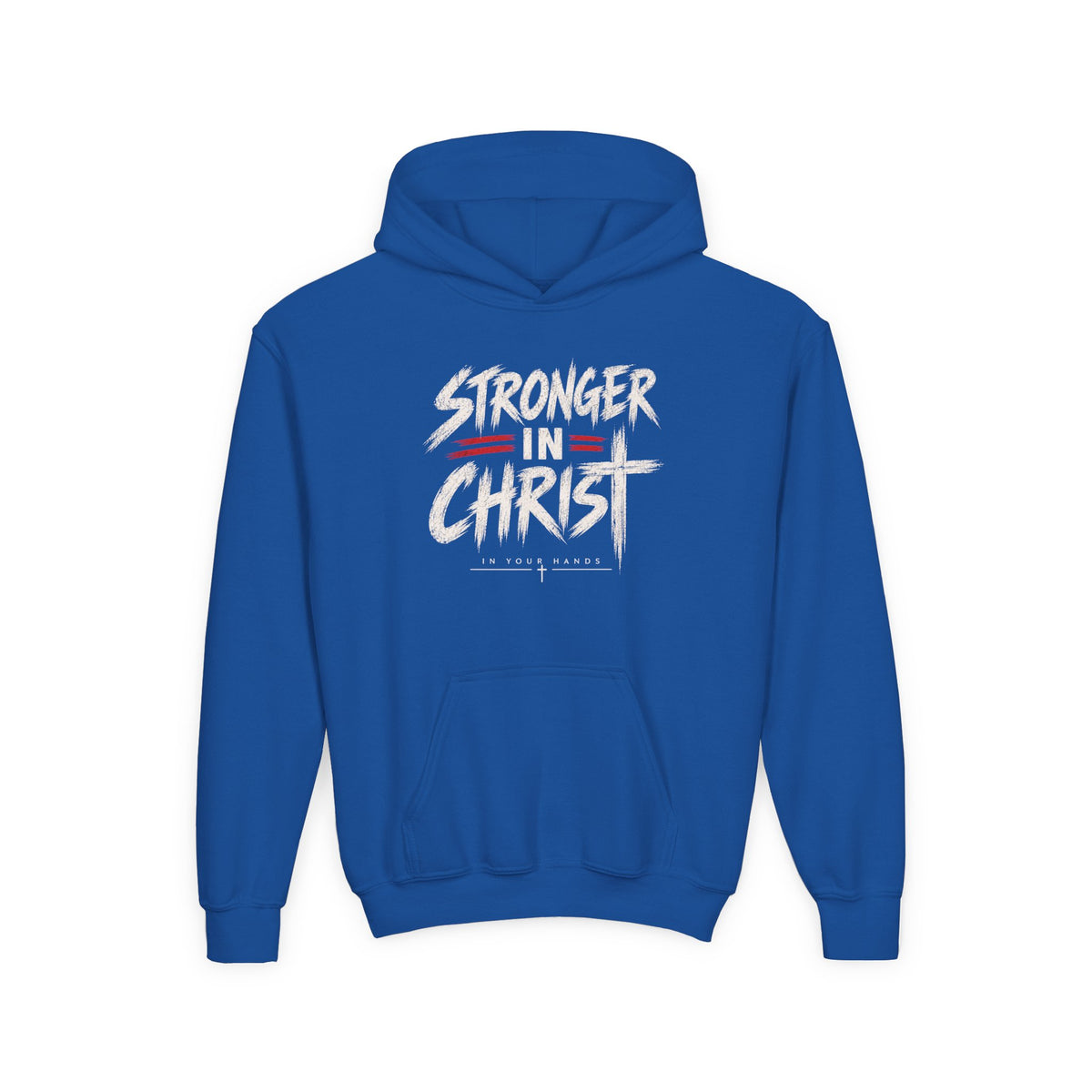 Youth Hoodie — "Stronger in Christ" Faith Graphic Hooded Sweatshirt