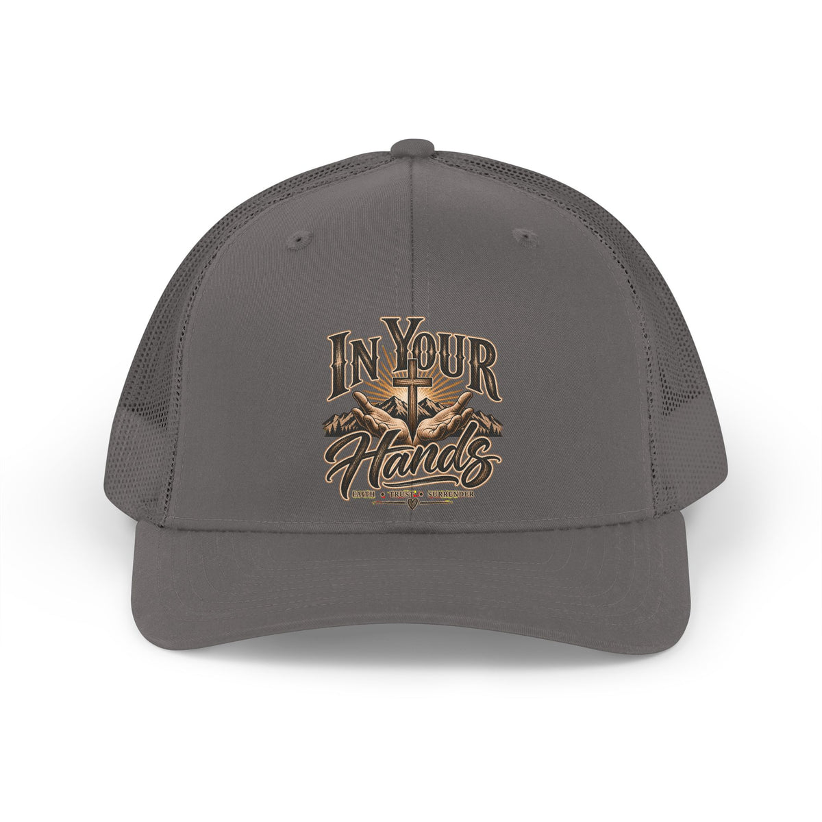 Trucker Hat — "In Your Hands" Retro Cross & Mountains Embroidered Cap