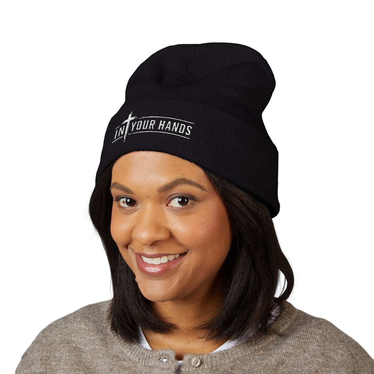 Embroidered 'In Your Hands' Cuffed Beanie - Knit Winter Hat