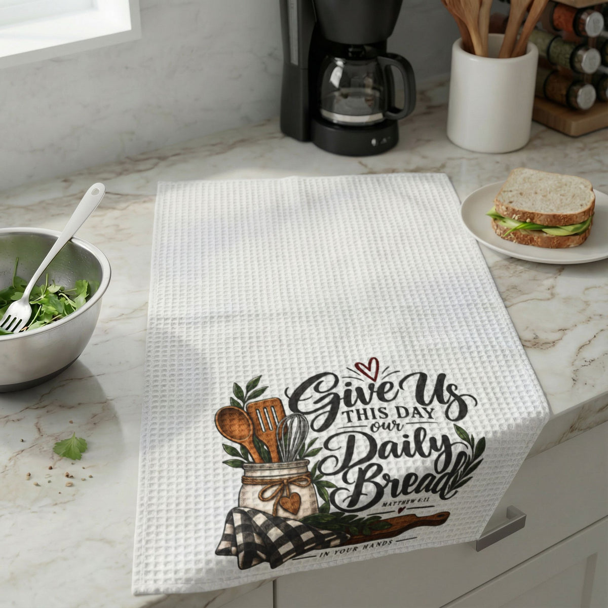 Kitchen Towel – "Give Us This Day Our Daily Bread" Waffle Weave Tea Towel