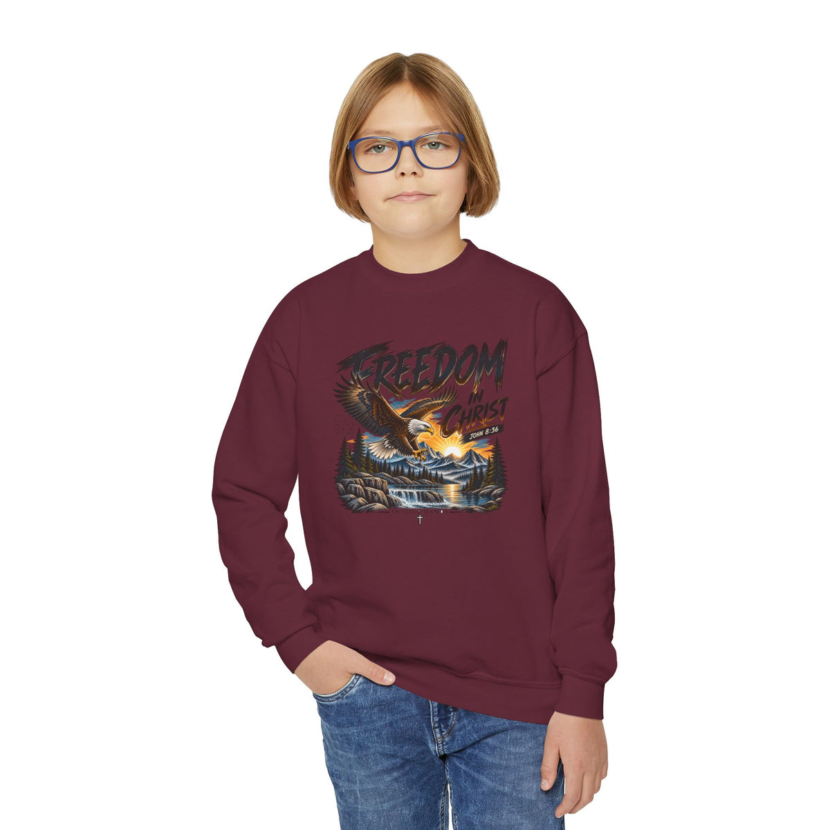 Youth Crewneck Sweatshirt — "Freedom in Christ" Eagle Graphic