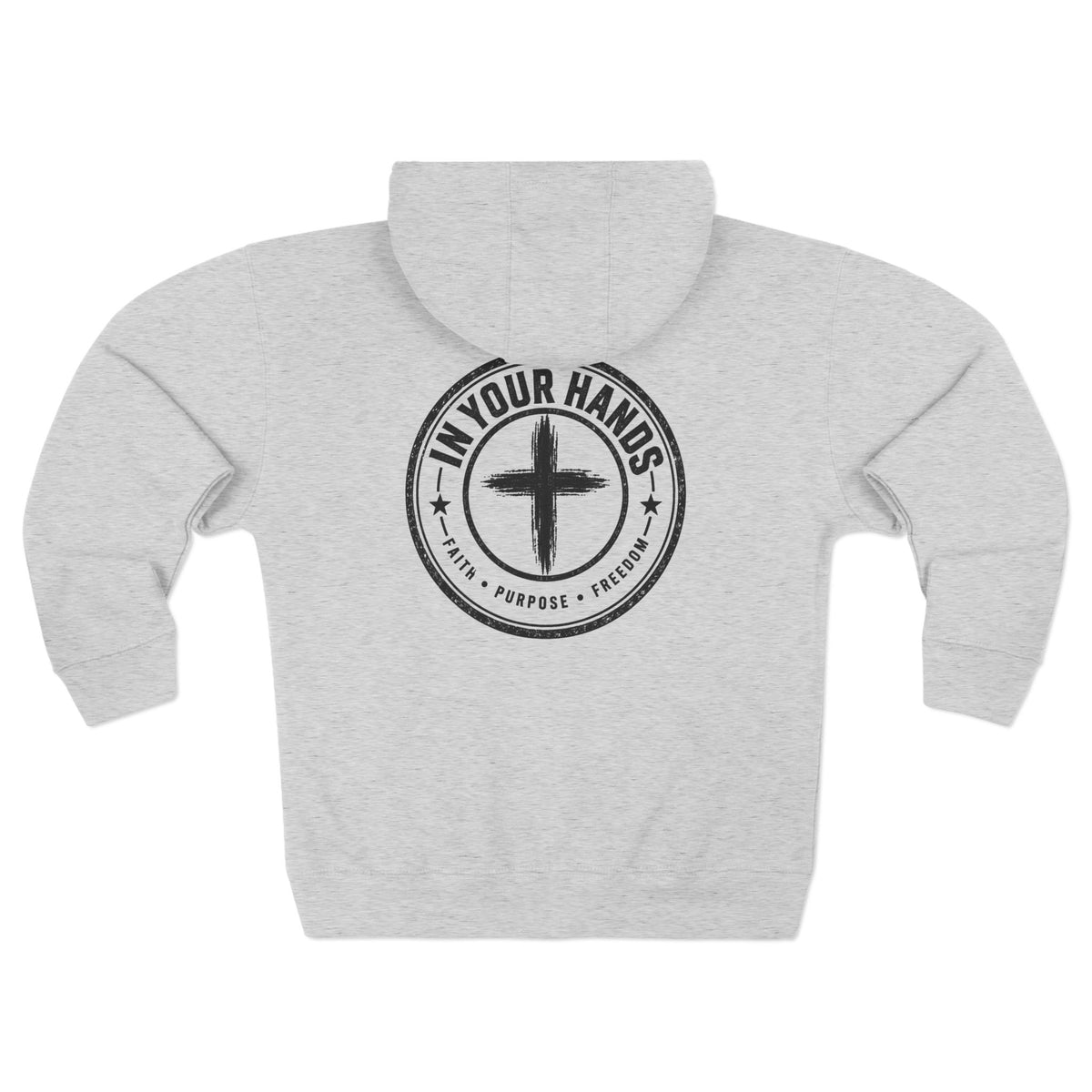 Zip Hoodie — "In Your Hands" Cross Emblem Christian Faith Zip-Up