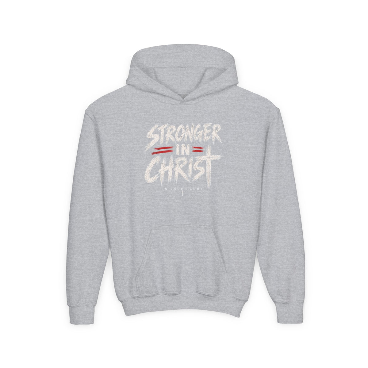 Youth Hoodie — "Stronger in Christ" Faith Graphic Hooded Sweatshirt