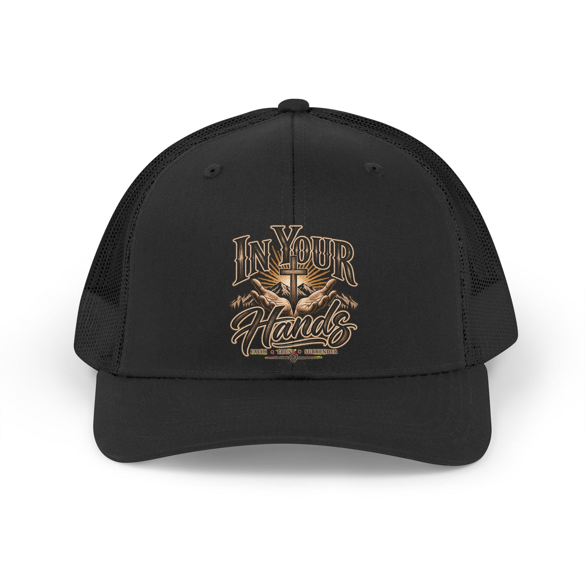 Trucker Hat — "In Your Hands" Retro Cross & Mountains Embroidered Cap