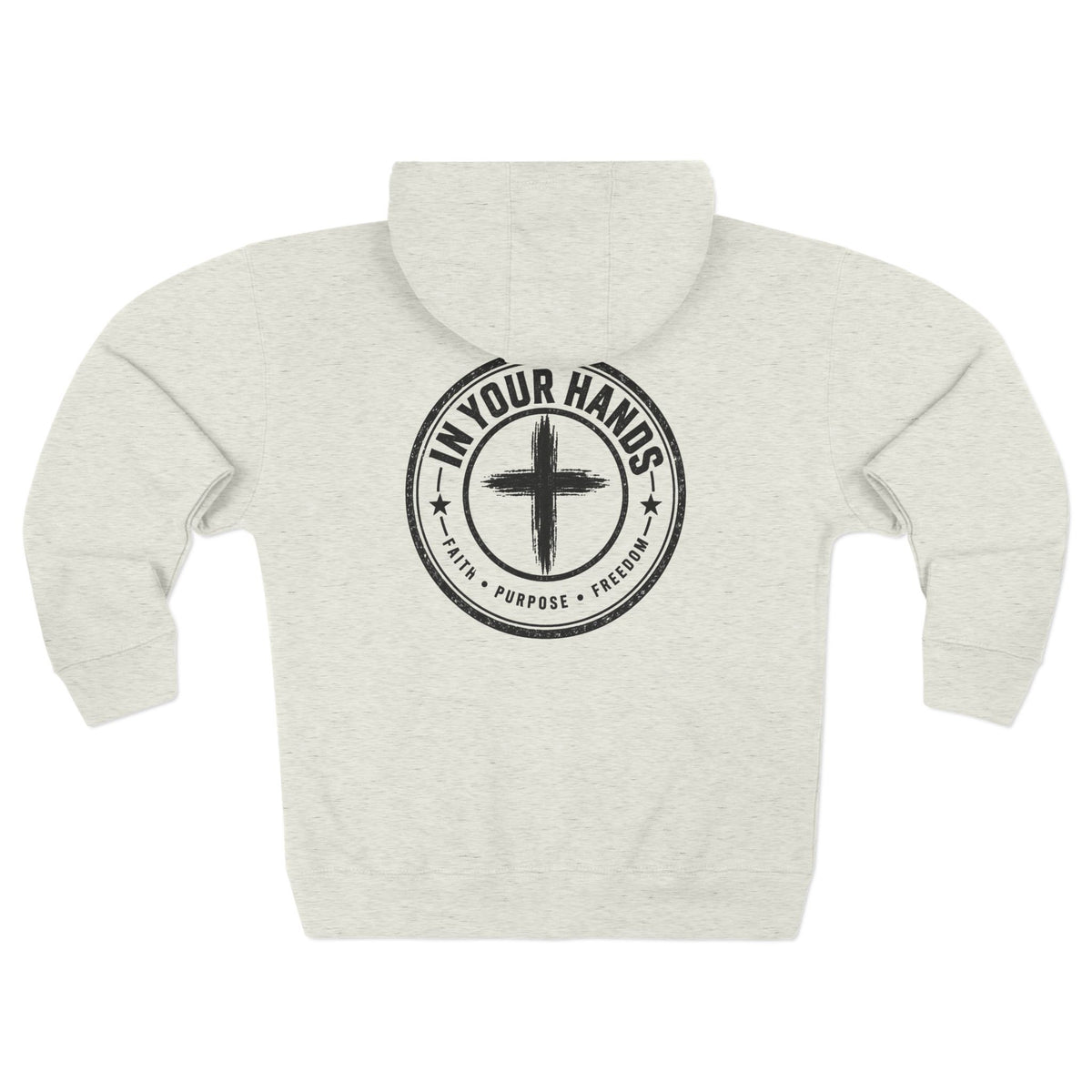 Zip Hoodie — "In Your Hands" Cross Emblem Christian Faith Zip-Up