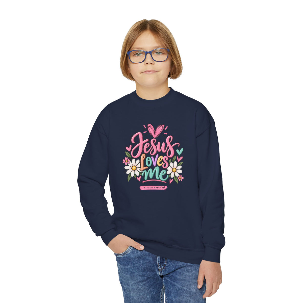 Youth Crewneck Sweatshirt - "Jesus Loves Me" Colorful Floral Christian Pullover