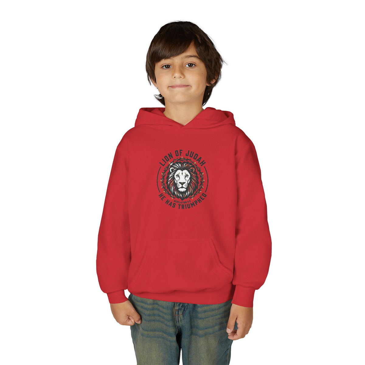 Youth Hoodie — "Lion of Judah, He Has Triumphed" Christian Lion Graphic