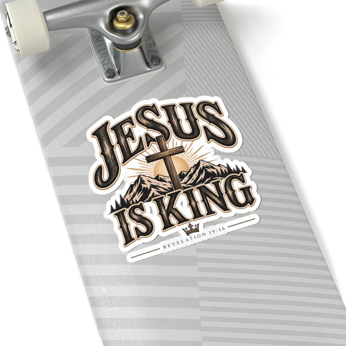 Jesus Is King Kiss-Cut Sticker — Christian Faith Mountain Cross Vinyl Sticker (Revelation 19:16)