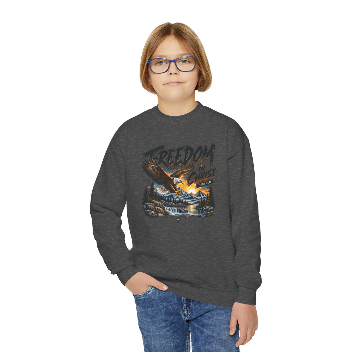 Youth Crewneck Sweatshirt — "Freedom in Christ" Eagle Graphic