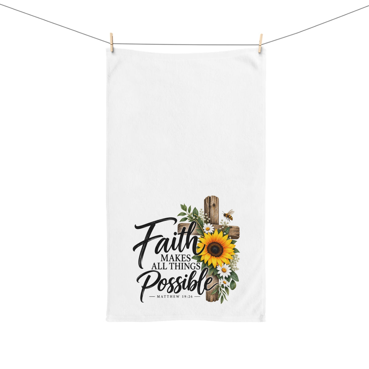 Faith Makes All Things Possible Hand Towel — Sunflower Cross Kitchen Towel (Matthew 19:26)