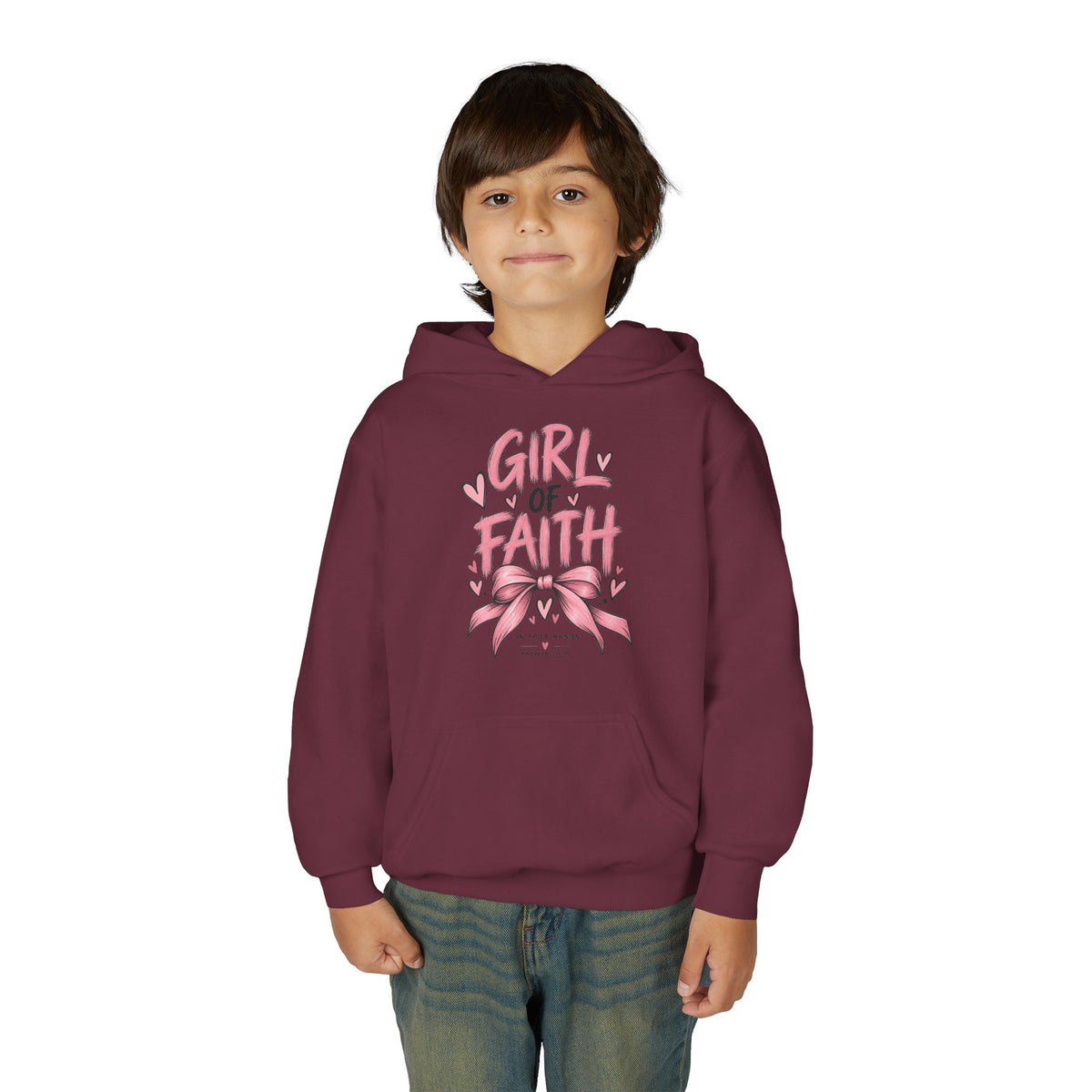 Girl of Faith Youth Hoodie — Pink Ribbon Christian Faith Sweatshirt