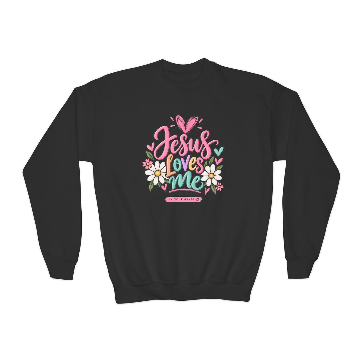 Youth Crewneck Sweatshirt - "Jesus Loves Me" Colorful Floral Christian Pullover