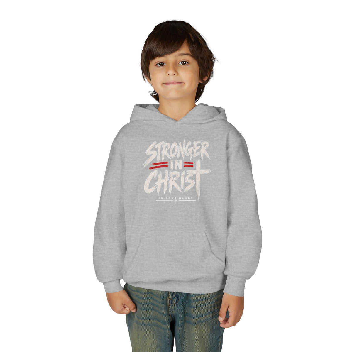 Youth Hoodie — "Stronger in Christ" Faith Graphic Hooded Sweatshirt