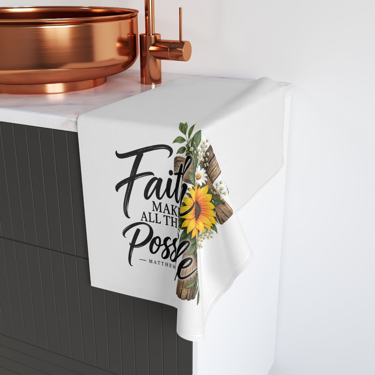 Faith Makes All Things Possible Hand Towel — Sunflower Cross Kitchen Towel (Matthew 19:26)