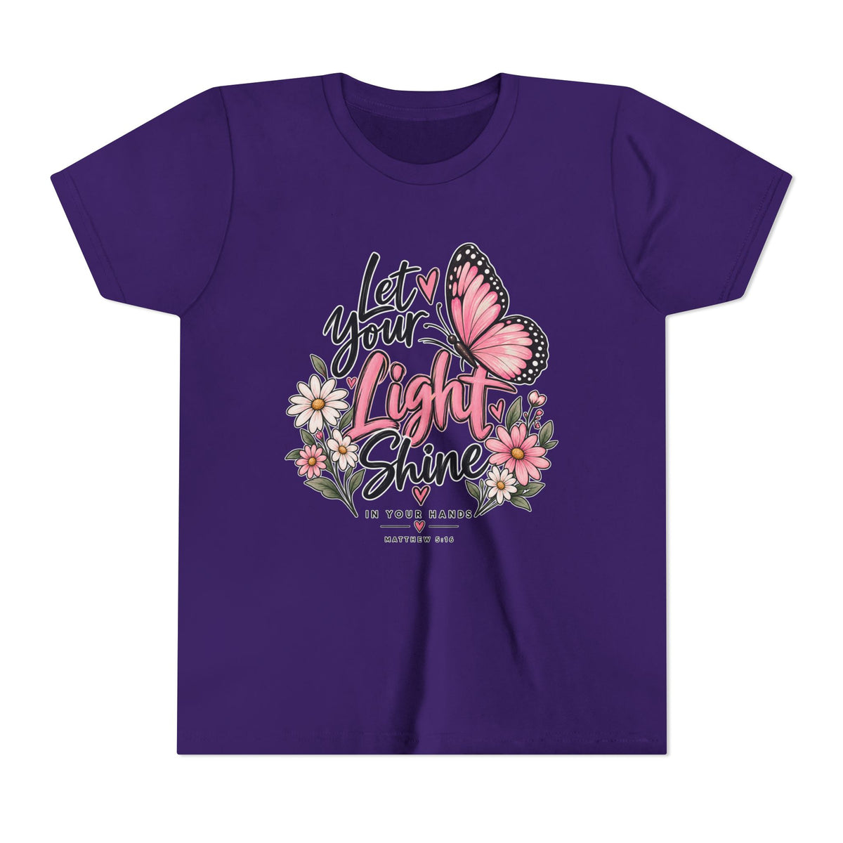 Youth Tee - "Let Your Light Shine" Pink Butterfly Floral Inspirational Shirt