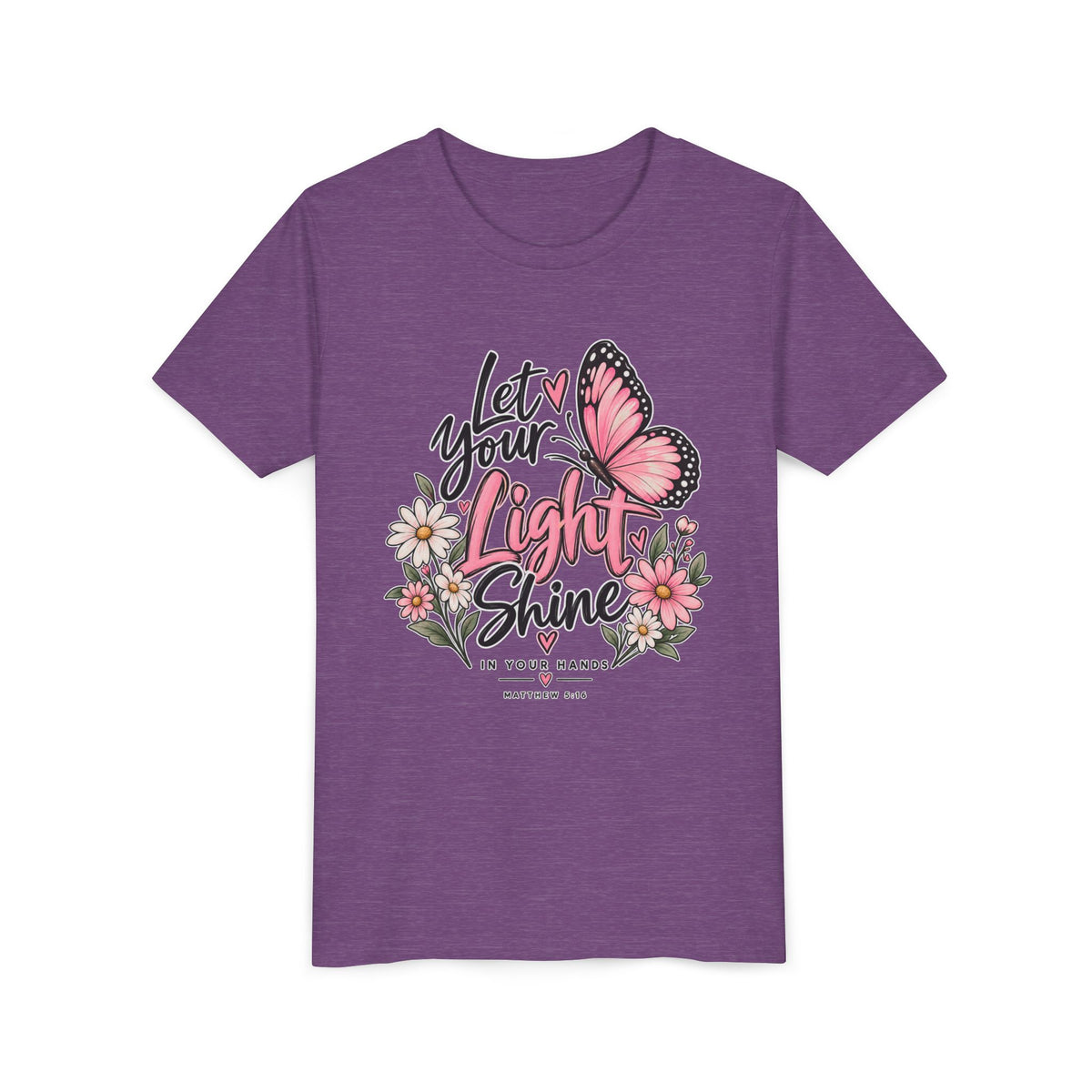 Youth Tee - "Let Your Light Shine" Pink Butterfly Floral Inspirational Shirt