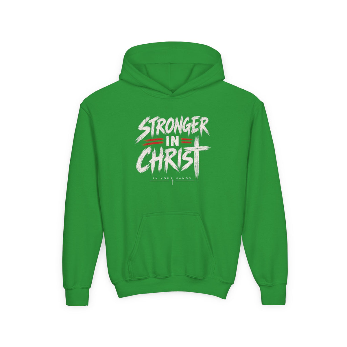 Youth Hoodie — "Stronger in Christ" Faith Graphic Hooded Sweatshirt