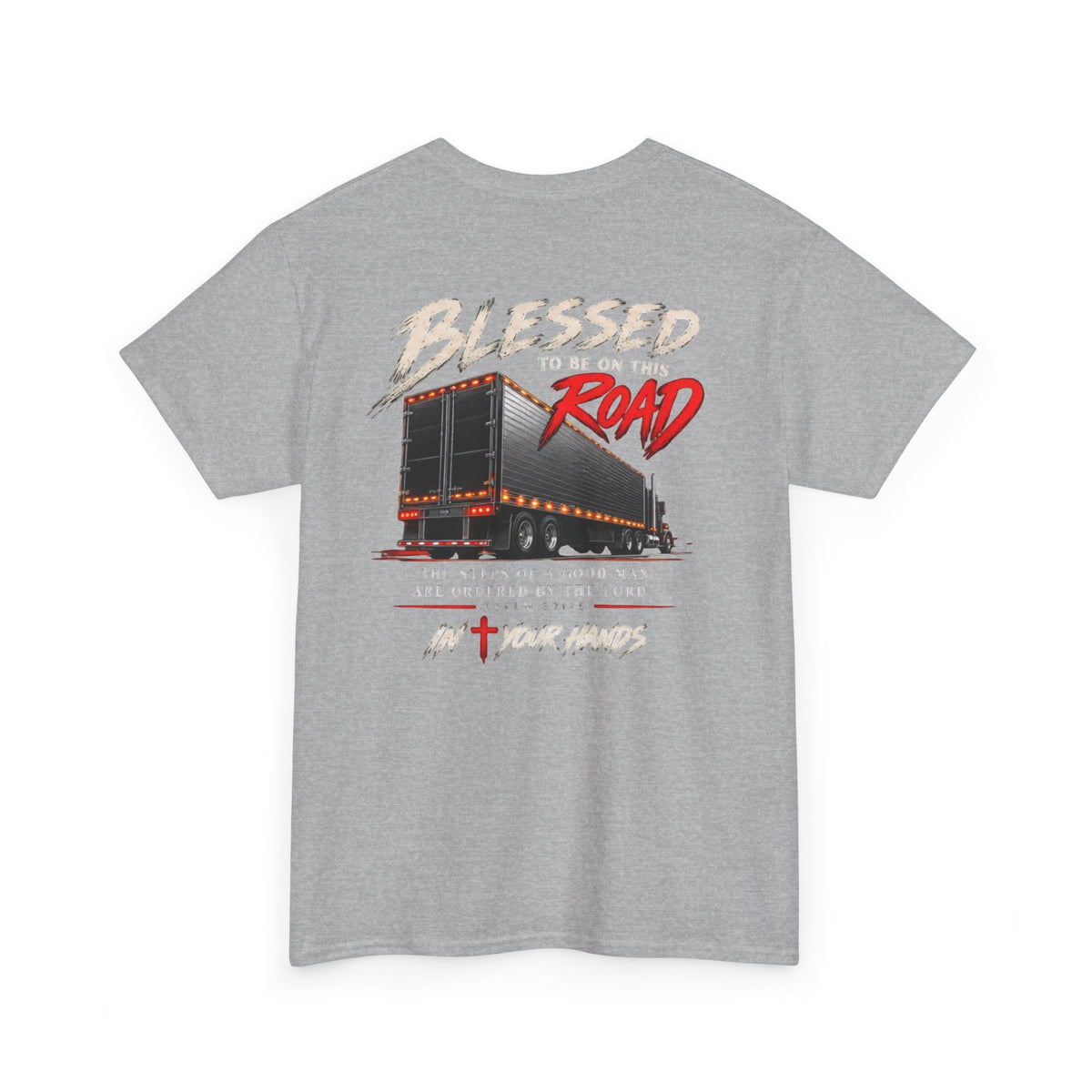 Blessed Road Trucker Tee — Christian Trucker Shirt with Cross & Psalm Graphic