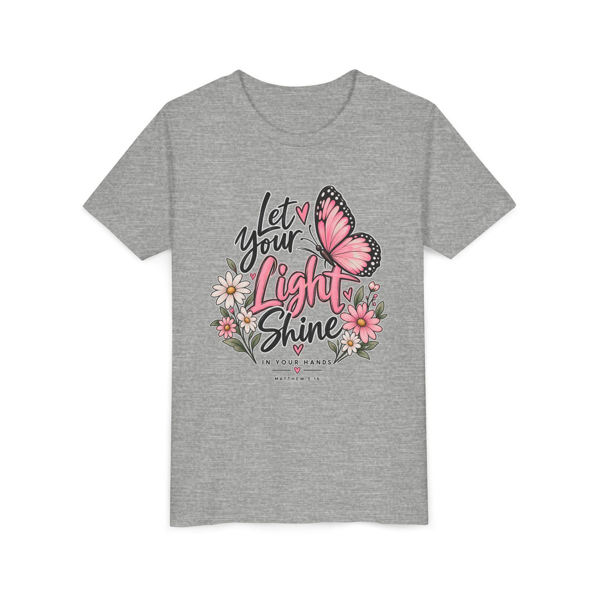 Youth Tee - "Let Your Light Shine" Pink Butterfly Floral Inspirational Shirt