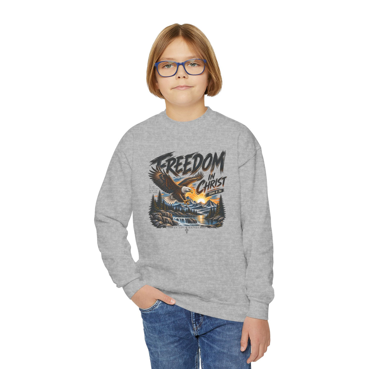 Youth Crewneck Sweatshirt — "Freedom in Christ" Eagle Graphic