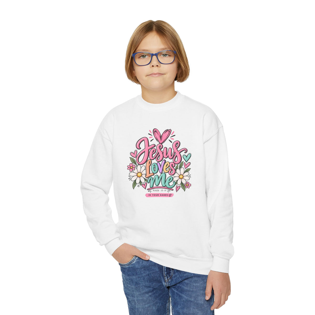 Youth Crewneck Sweatshirt - "Jesus Loves Me" Colorful Floral Christian Pullover