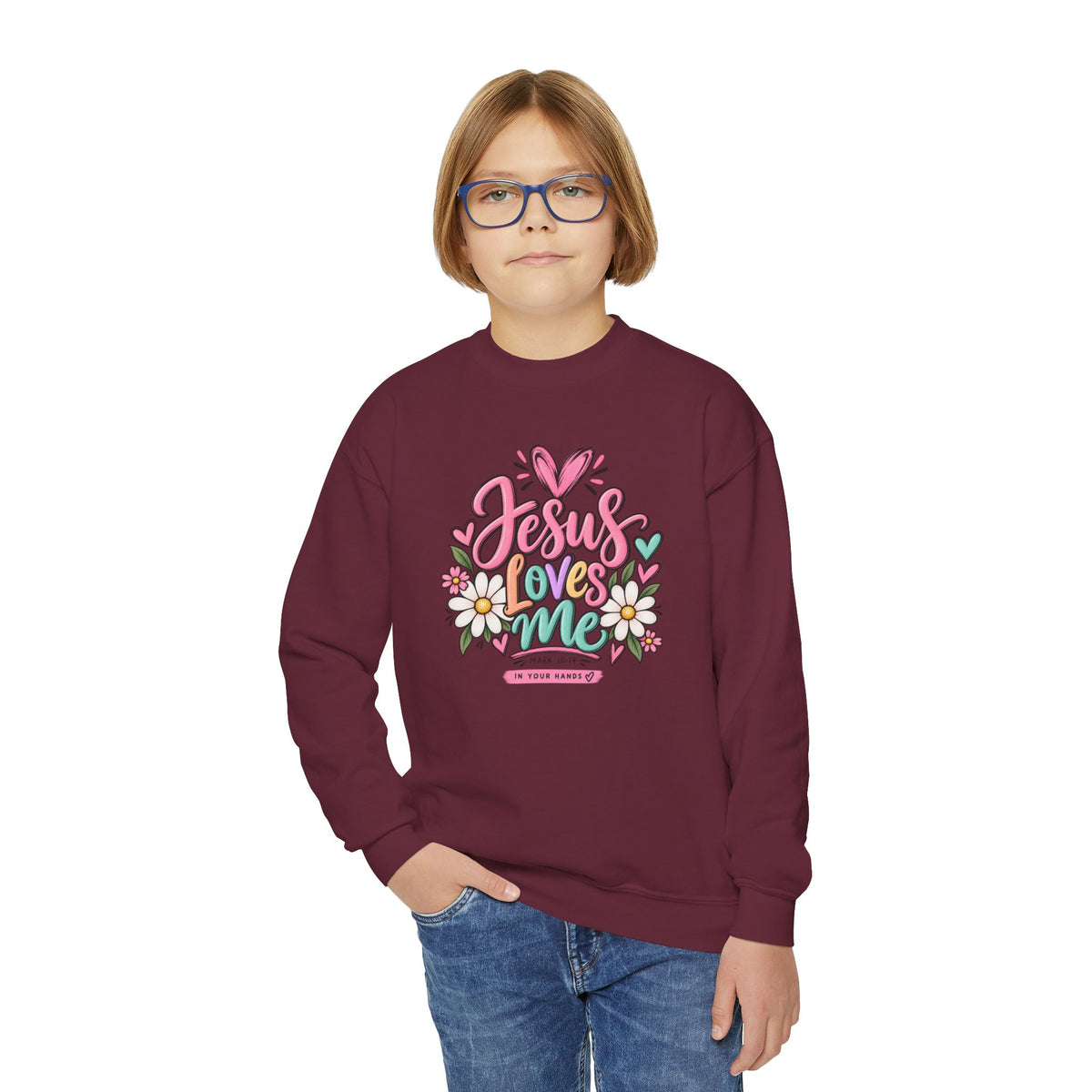Youth Crewneck Sweatshirt - "Jesus Loves Me" Colorful Floral Christian Pullover