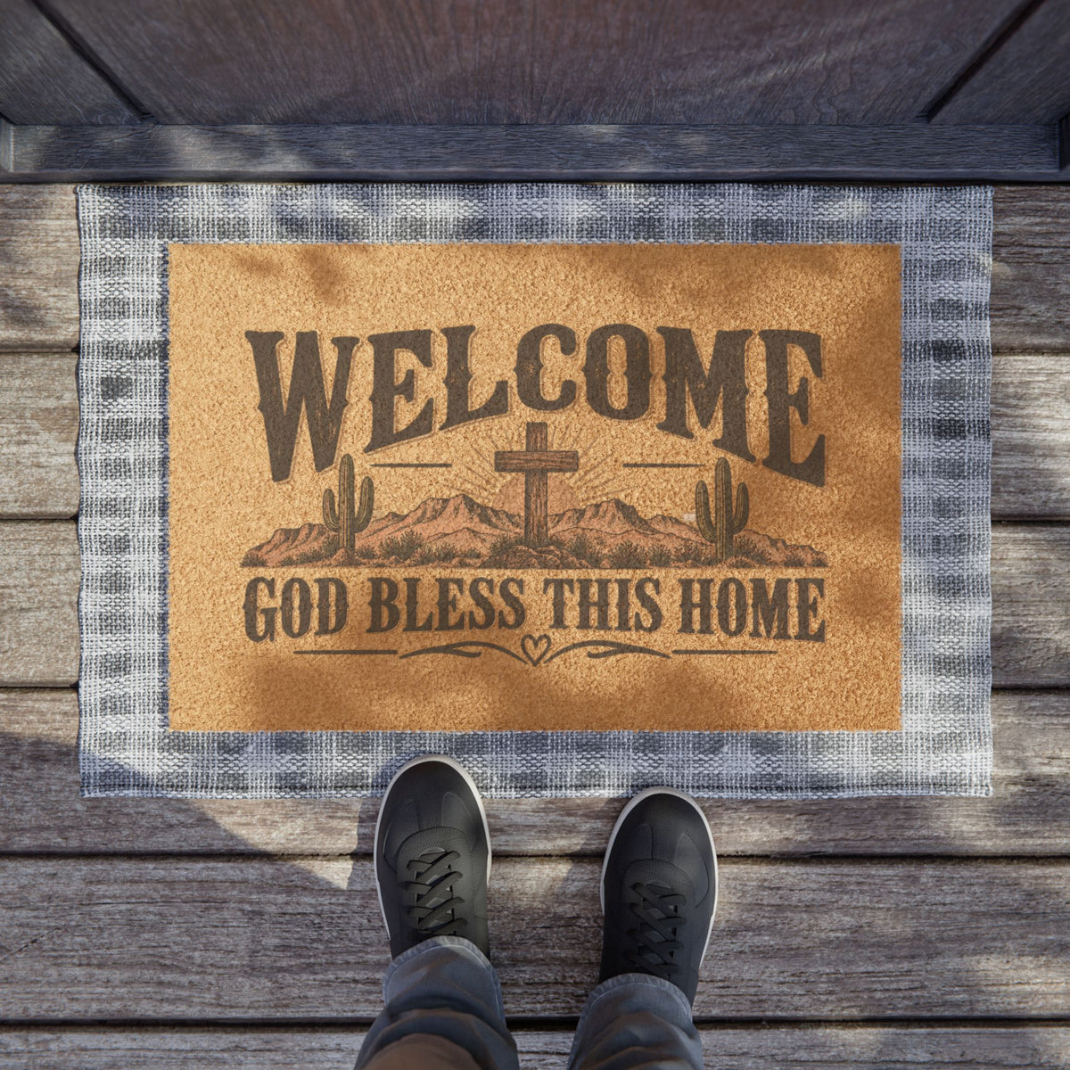 Welcome Doormat - "God Bless This Home" Rustic Cross & Cactus Outdoor Entrance Mat