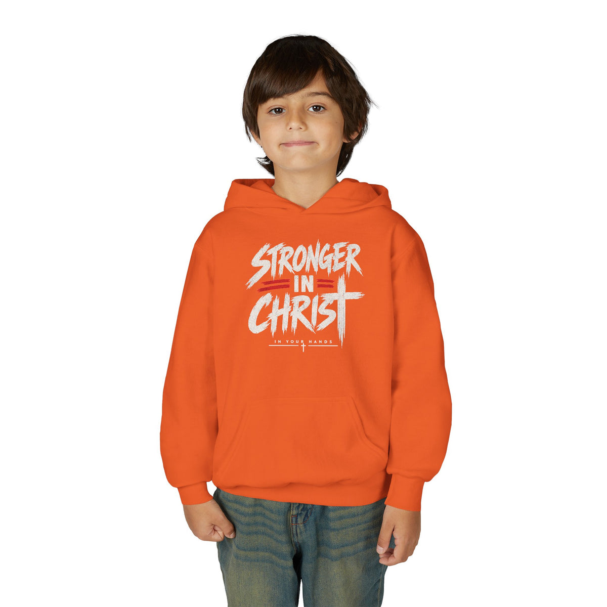 Youth Hoodie — "Stronger in Christ" Faith Graphic Hooded Sweatshirt