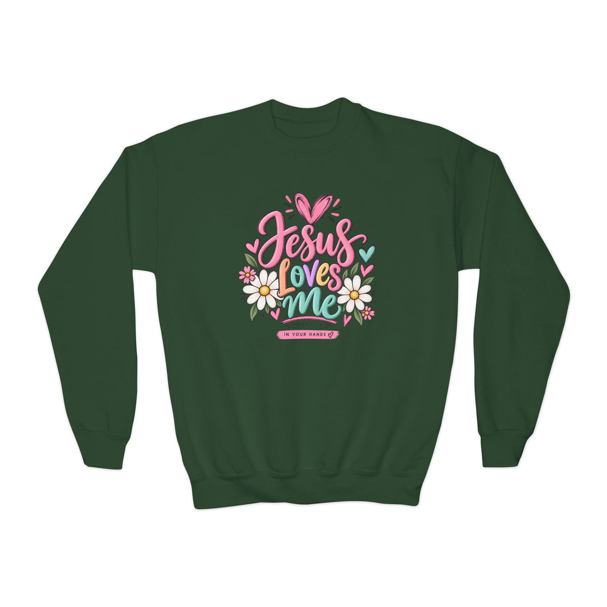 Youth Crewneck Sweatshirt - "Jesus Loves Me" Colorful Floral Christian Pullover