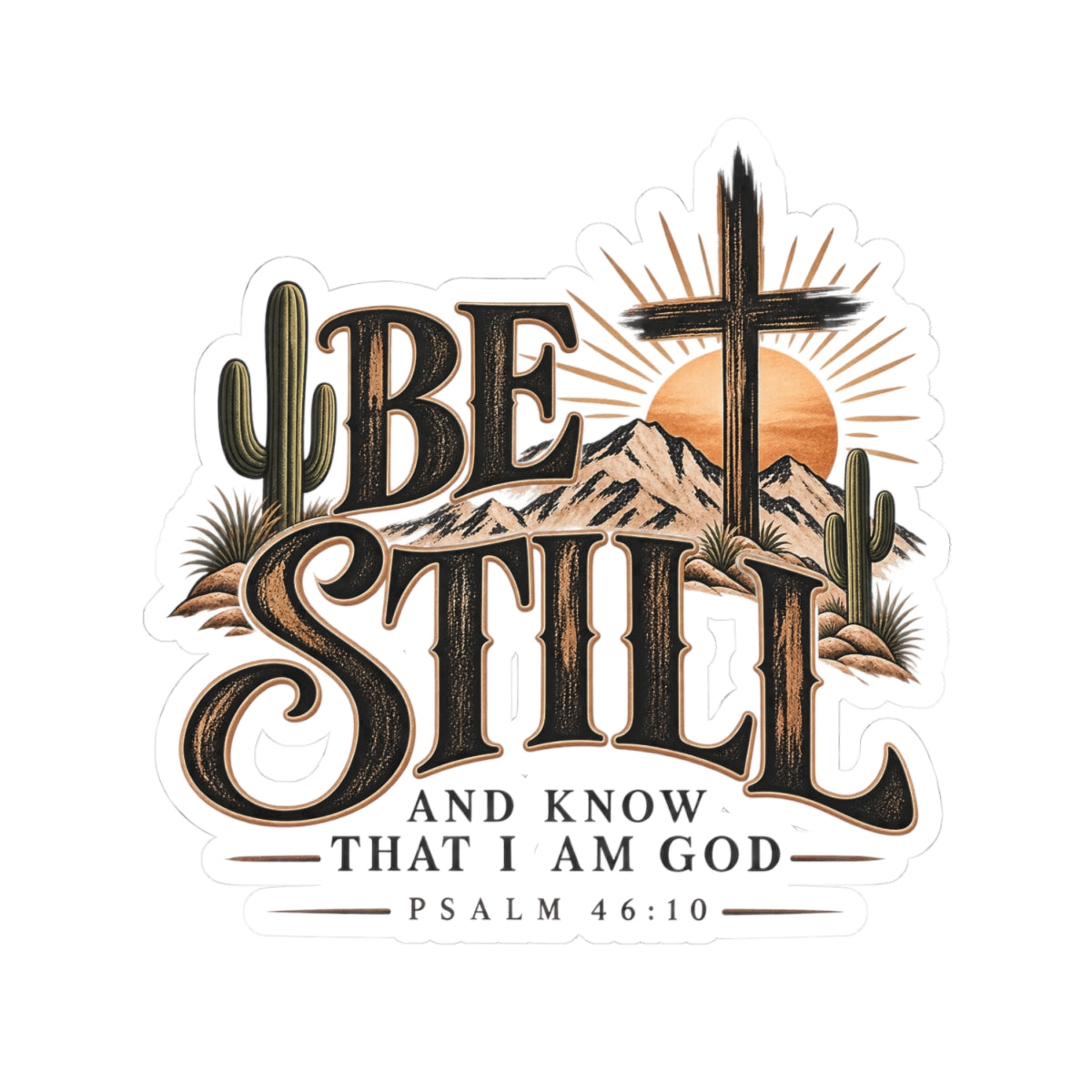 Be Still — Christian Sticker (Psalm 46:10) Desert Cross Kiss-Cut Sticker