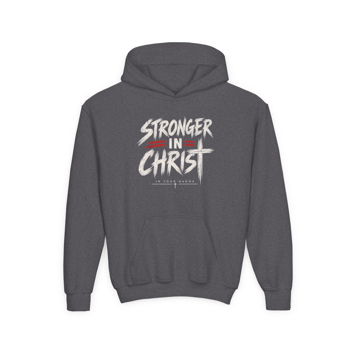 Youth Hoodie — "Stronger in Christ" Faith Graphic Hooded Sweatshirt