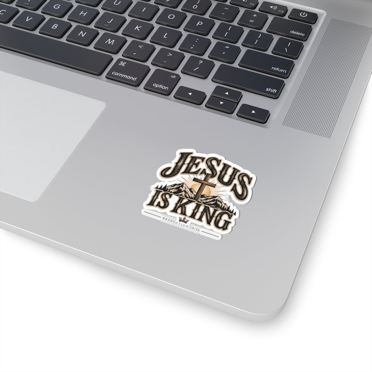 Jesus Is King Kiss-Cut Sticker — Christian Faith Mountain Cross Vinyl Sticker (Revelation 19:16)
