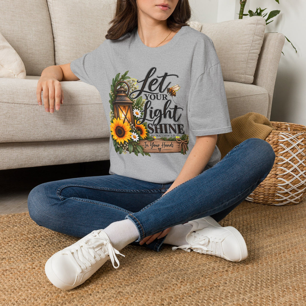 Let Your Light Shine T-Shirt — Inspirational Lantern & Sunflower Tee