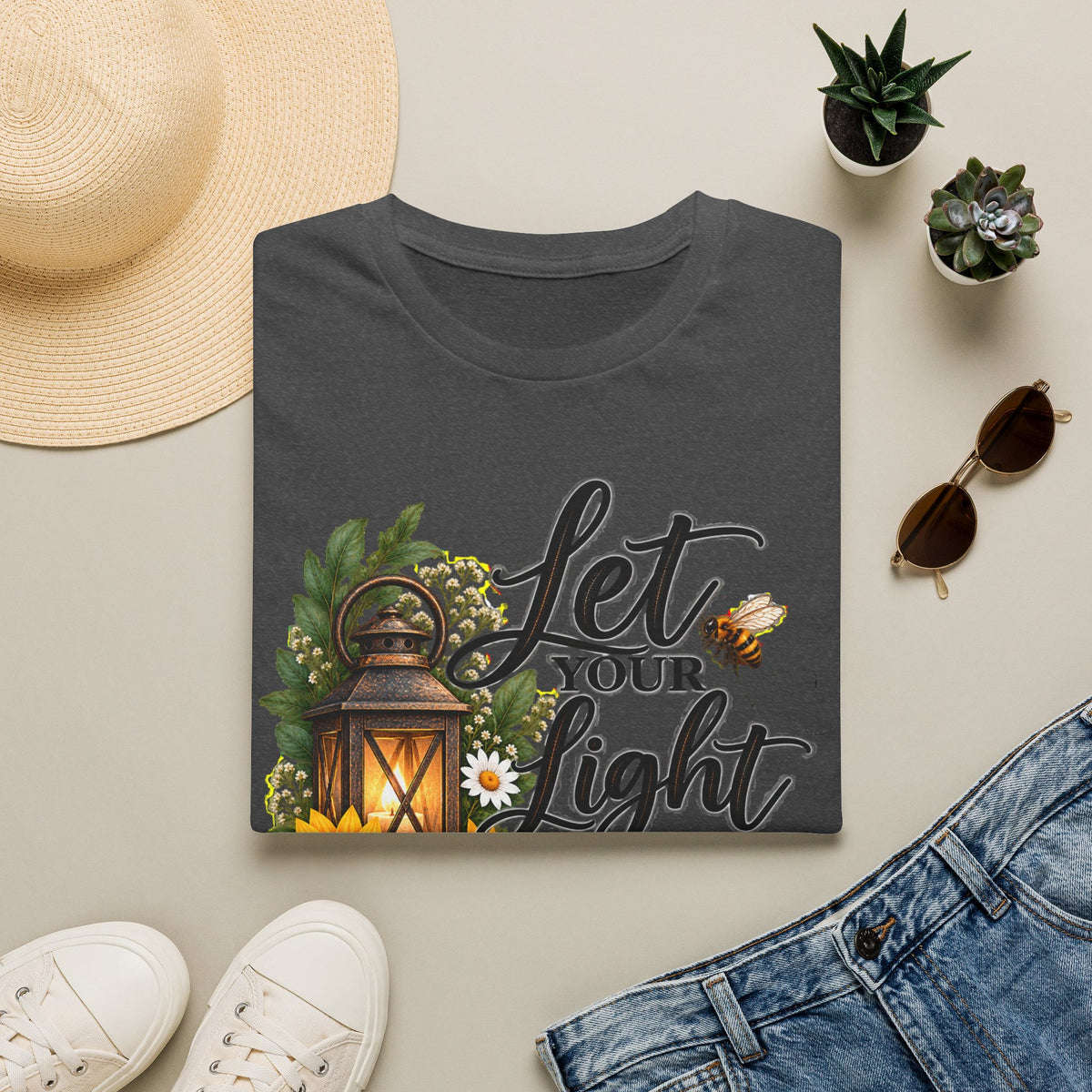 Let Your Light Shine T-Shirt — Inspirational Lantern & Sunflower Tee