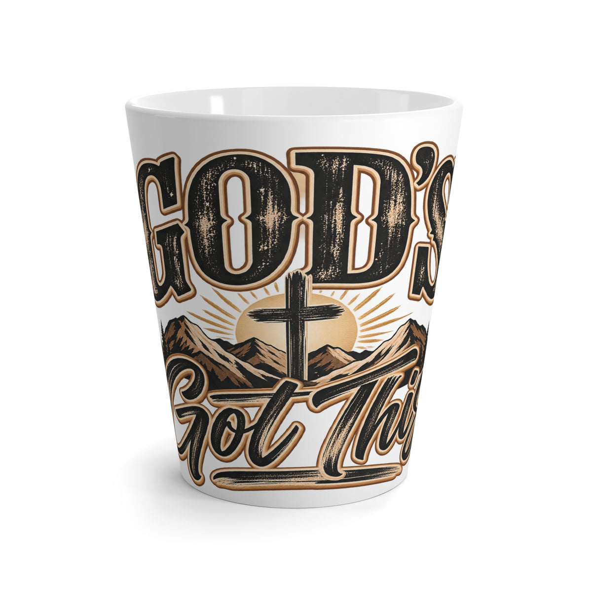 Latte Mug - "God's Got This" Christian Coffee Mug with Cross & Mountain Design