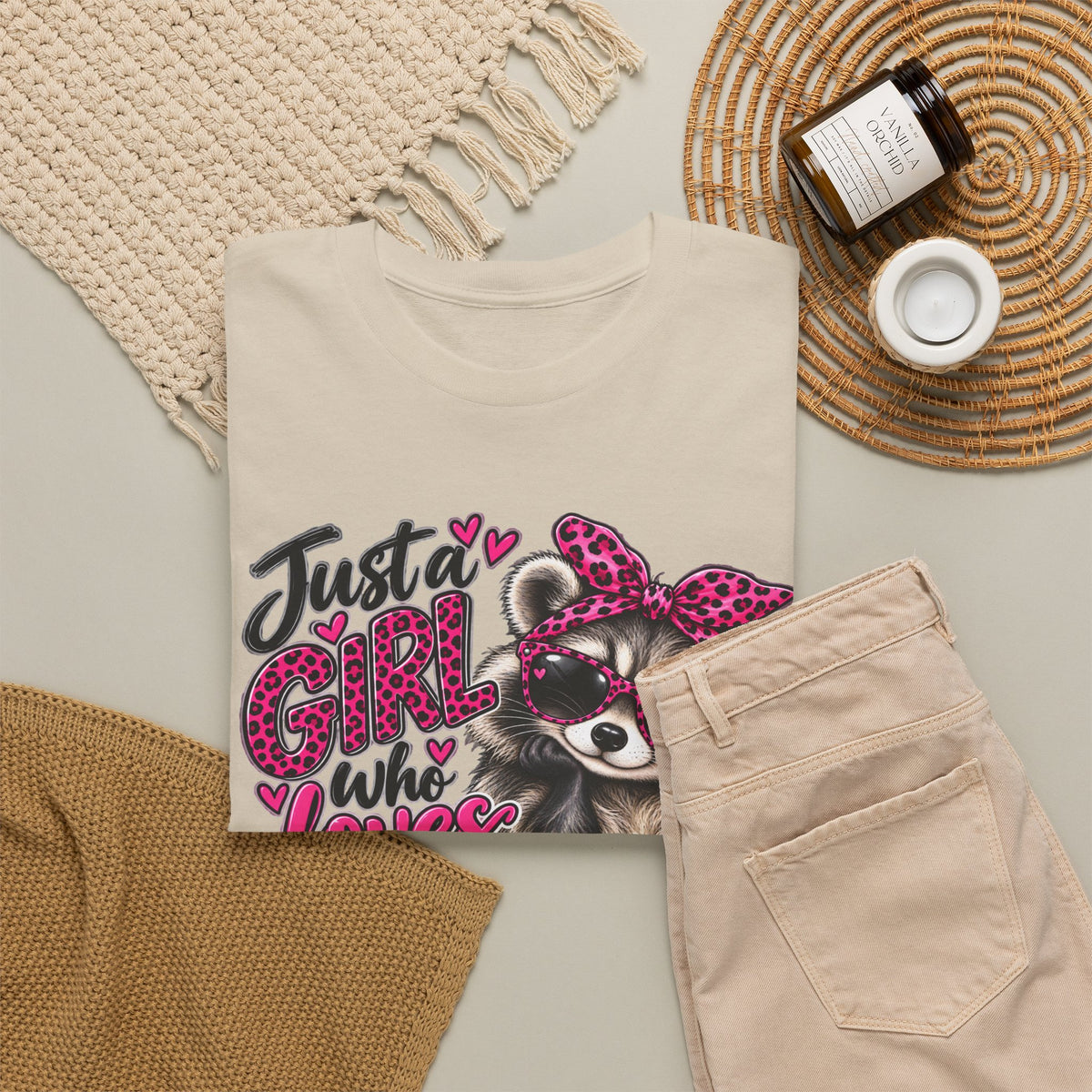 Just a Girl Who Loves Raccoons Tee — Cute Pink Raccoon Graphic T-Shirt