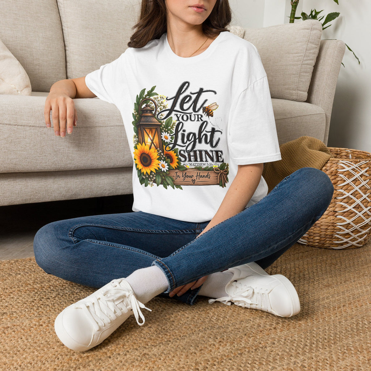 Let Your Light Shine T-Shirt — Inspirational Lantern & Sunflower Tee