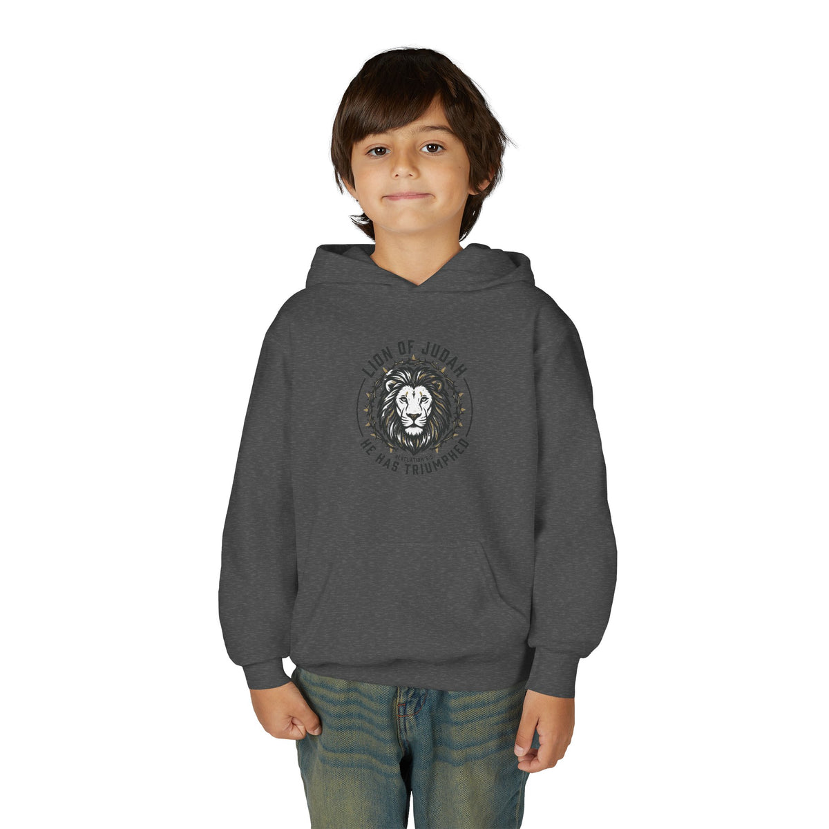 Youth Hoodie — "Lion of Judah, He Has Triumphed" Christian Lion Graphic