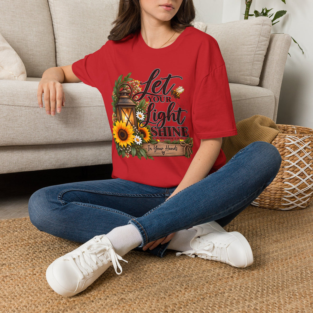 Let Your Light Shine T-Shirt — Inspirational Lantern & Sunflower Tee